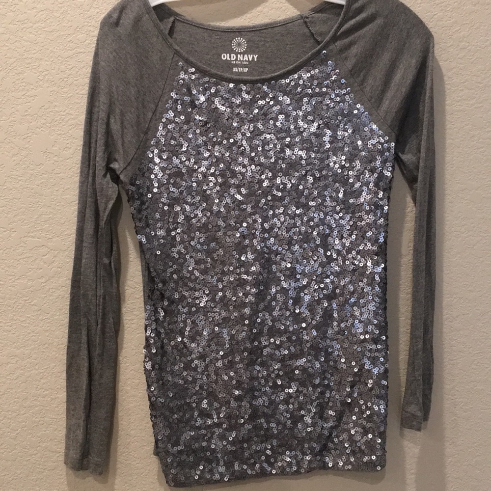 Gray, Sequined, Long-Sleeved Top